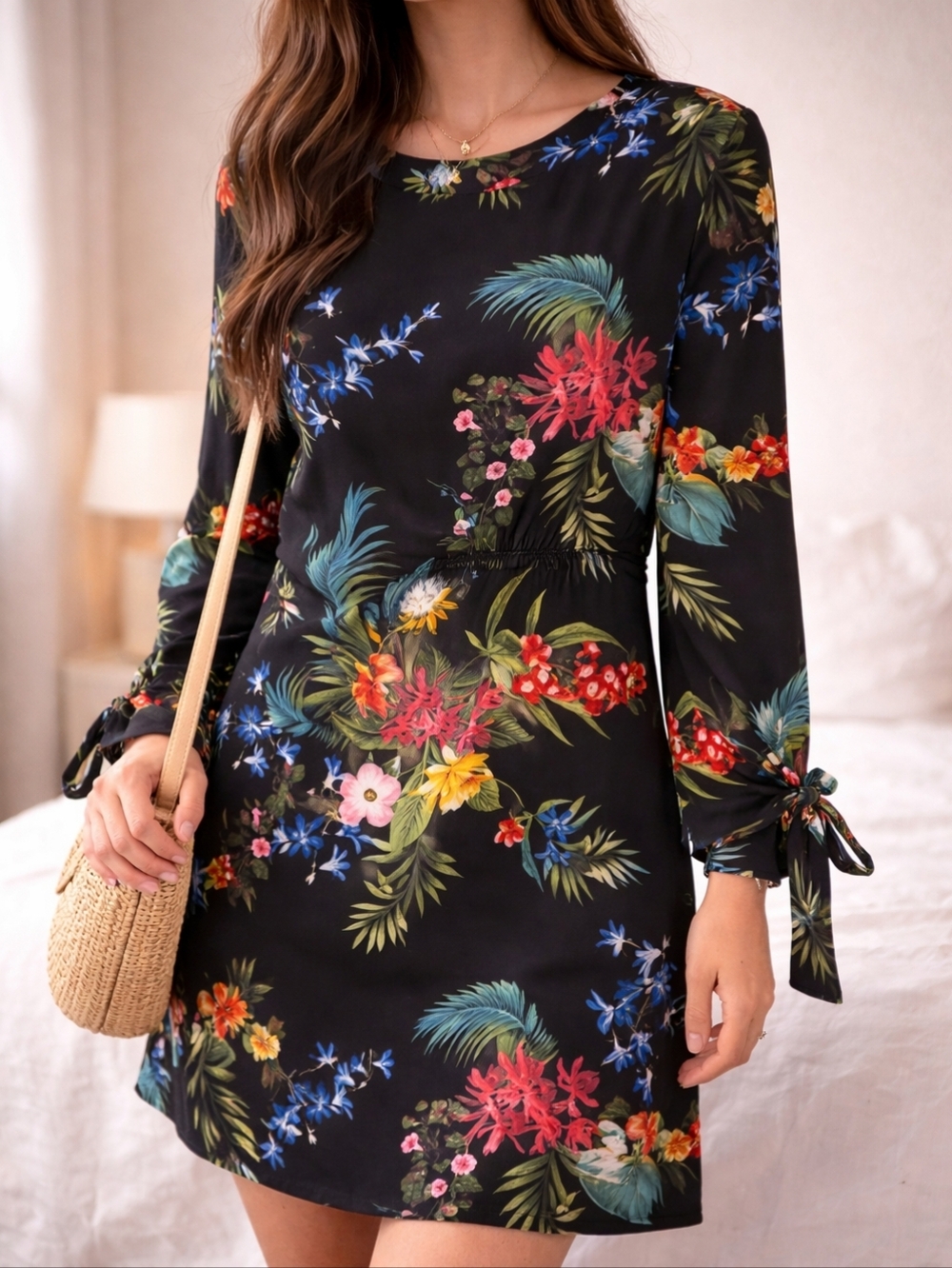 Dex Black Floral Bell Sleeve Dress Boho Tie Sleeve Shift Dress